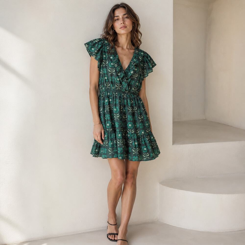TROVATA Birds of Paradis Marcella Green Floral Cotton Tiered Mini Dress, size S